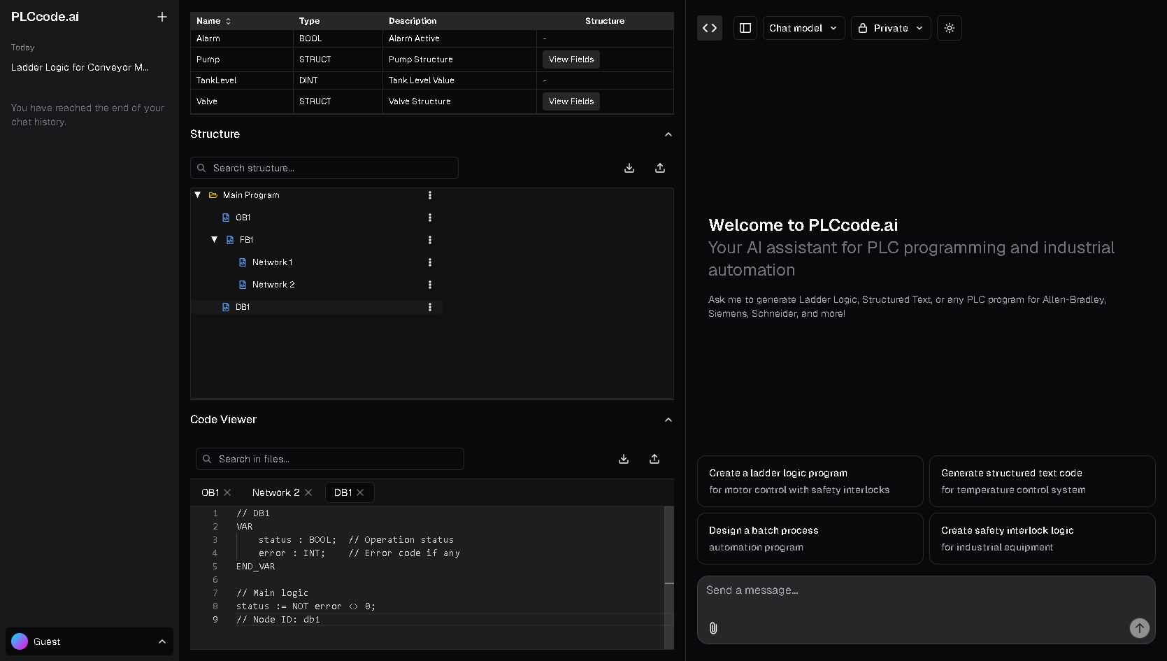 Modern chat interface example for PLCcode.ai